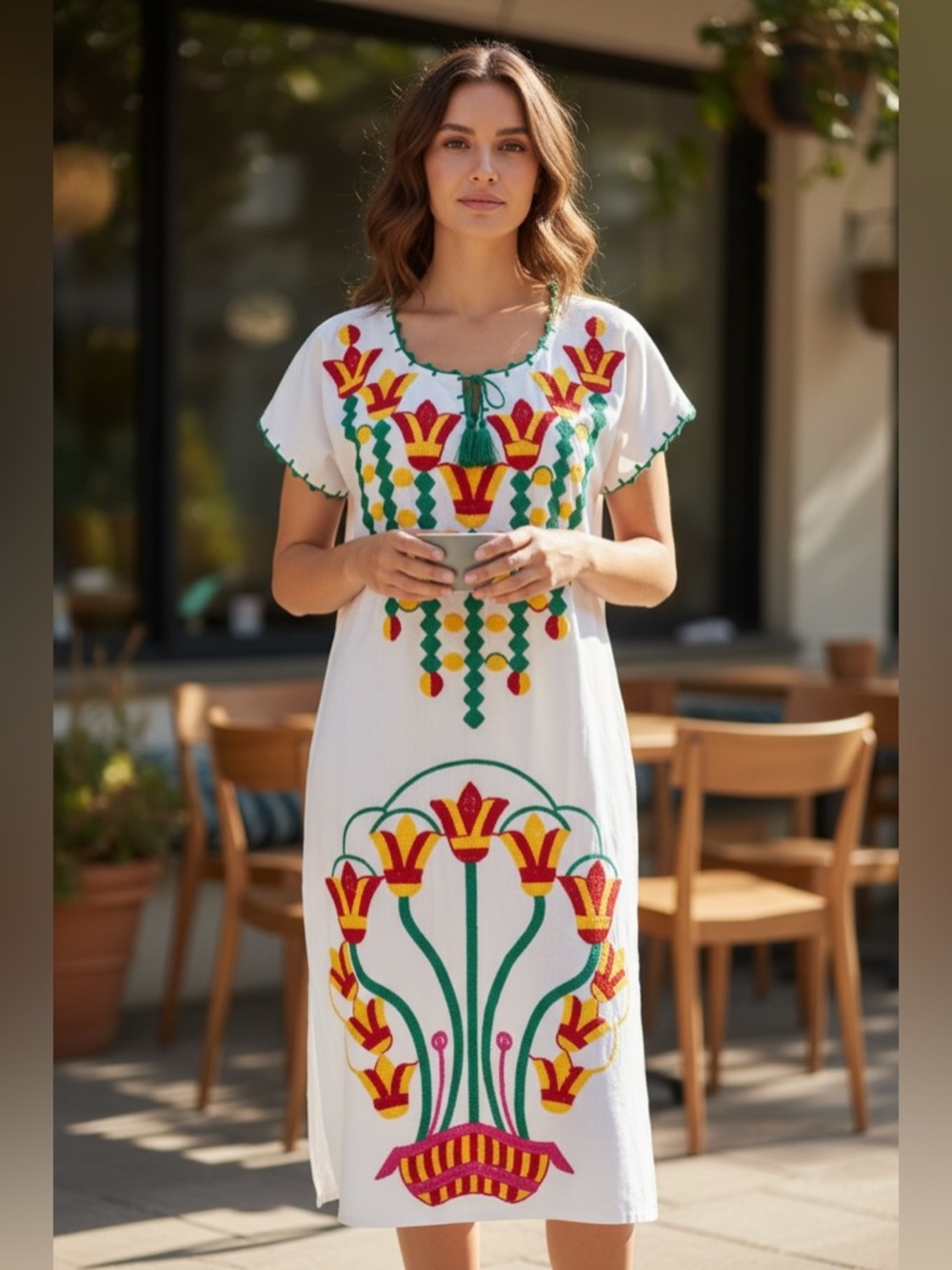 White Embroidered Mexican Peasant Dress with Red, Yellow & Green Floral Motif